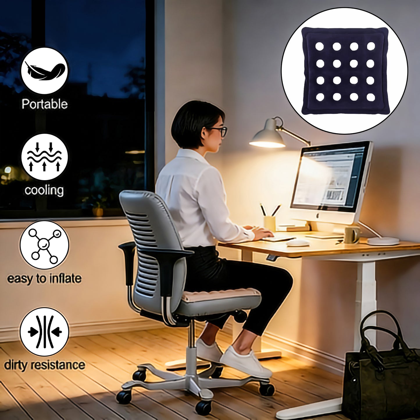 Inflatable Seat Cushions,Pressure Relief plush flocked breathable Cushion,Ideal for Office Chairs,Car Seats,Wheelchair waterproof Cushions,Comes with Air Pumps, Portable and Comfortable(Navy)