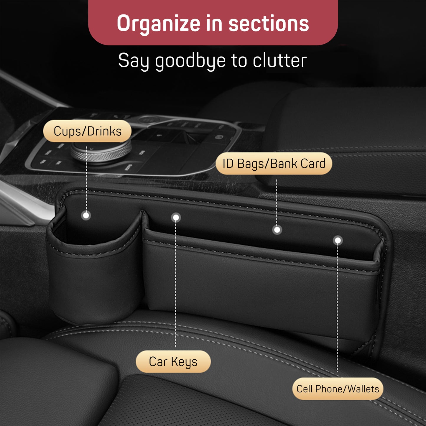 Universal Car Seat Gap Organizer - Expandable Driver's Side Storage Box with Multiple Pockets, Anti-Slip Design, and Phone Holder for Smartphones, Keys, Cards, and Accessories