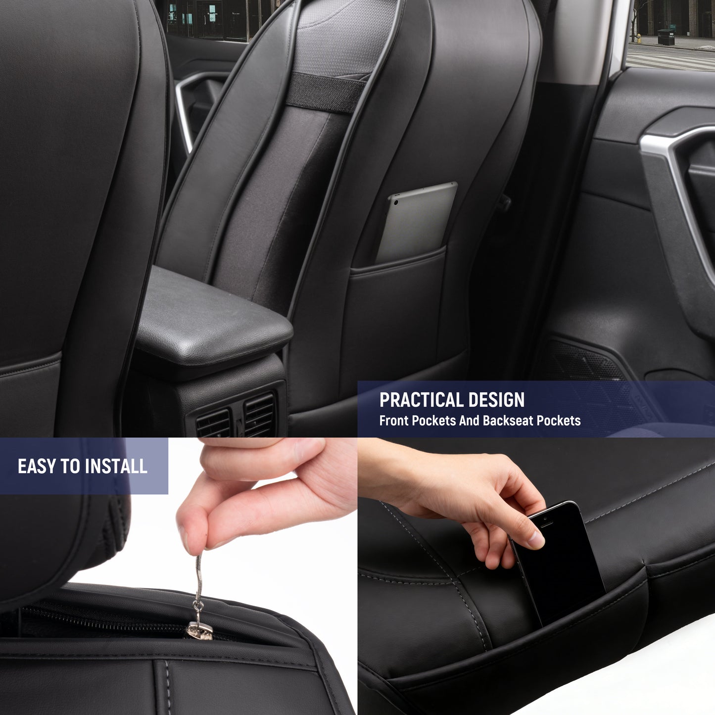 Caromop Car Seat Covers Front Set, Universal Fit, Premium Soft Water-proof Napa Leather, 5-Layer Padded Design seat cushion with Front Storage Pocket & Non-Slip Back