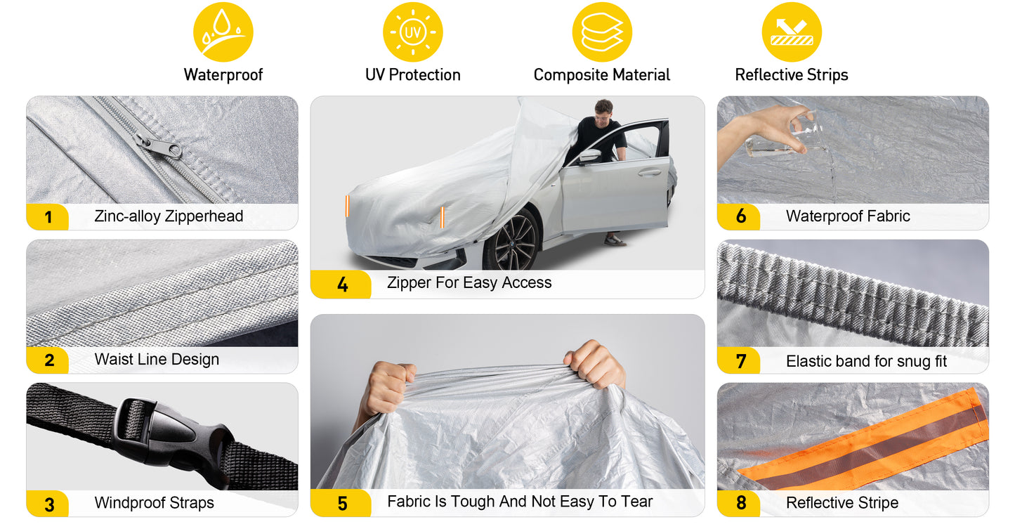 Funda impermeable para coche Caromop de 10 capas, protección para todo tipo de clima (nieve, lluvia, sol), con correas de ajuste seguro y cremallera fácil de poner y quitar.