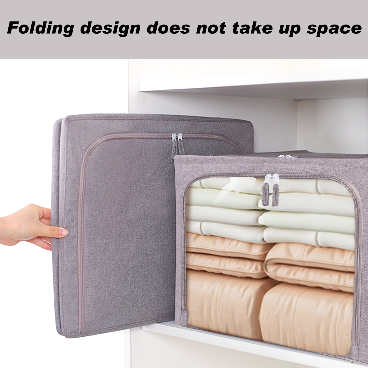 Kaisaatti 66L Foldable Storage Box with Reinforced Stainless Steel Frame 19.7x15.75x13"-Large Waterproof Fabric Closet Organizer for Seasonal Clothes, Blankets, Home Essentials,Gray