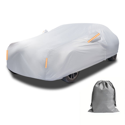 Caromop 10-Layer Waterproof Car Cover All Weather Protection (Snow, Rain, Sun) with Secure Fit Straps and Easy On/Off Zipper-Size
