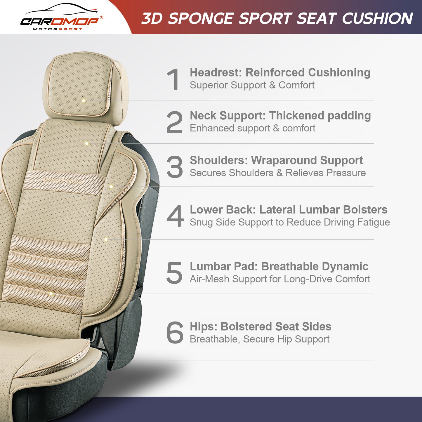 CAROMOP 3D Thick Car Seat Covers, Front Set, Breathable PU Leather with Mesh, Non-Slip, Universal Fit for Car, SUV, Van, Truck