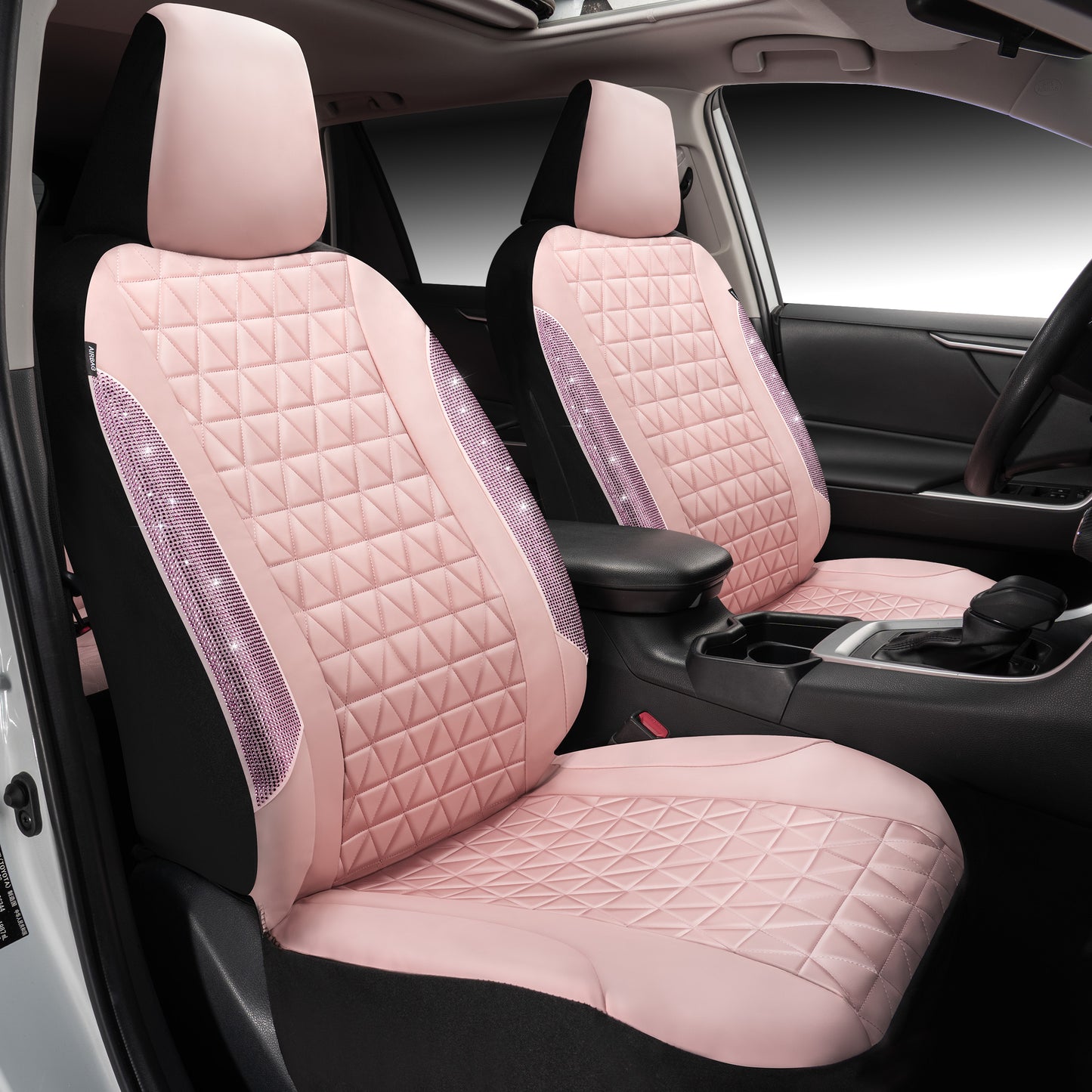 Caromop Leather Car Seat Covers Full Set, Bling Diamond Pink Waterproof Universal Fit with Airbag Compatible Armrest Design for SUV Truck Sedan, Cute Gift for Women Girls