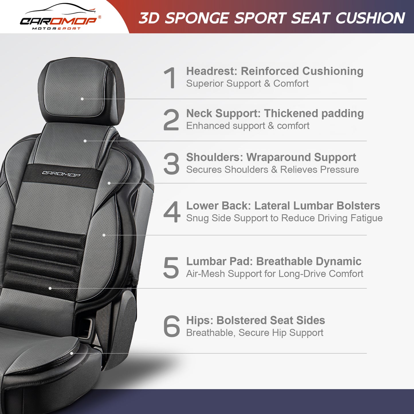 CAROMOP 3D Thick Car Seat Covers, Front Set, Breathable PU Leather with Mesh, Non-Slip, Universal Fit for Car, SUV, Van, Truck