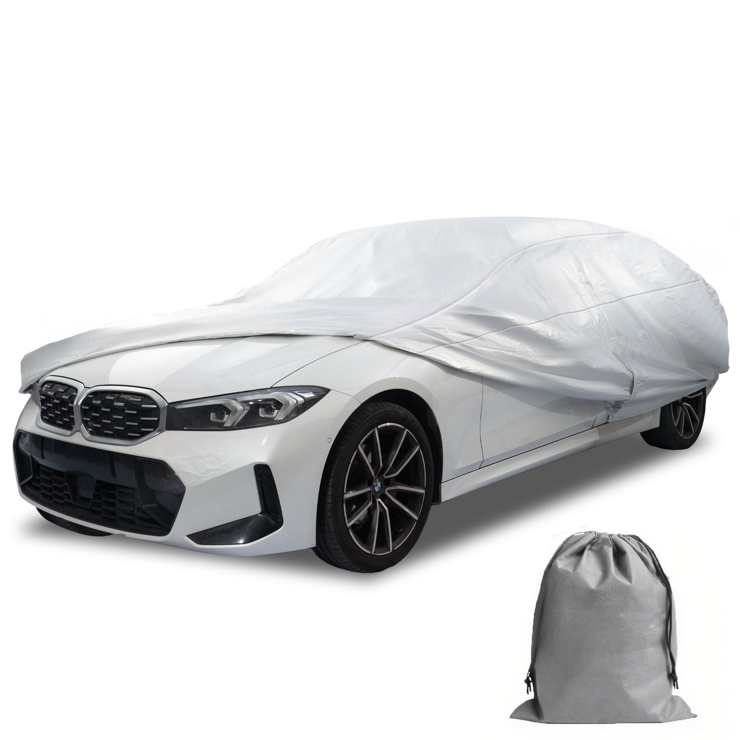 Caromop 10-Layer Waterproof Car Cover All Weather Protection (Snow, Rain, Sun) with Secure Fit Straps and Easy On/Off Zipper-Size