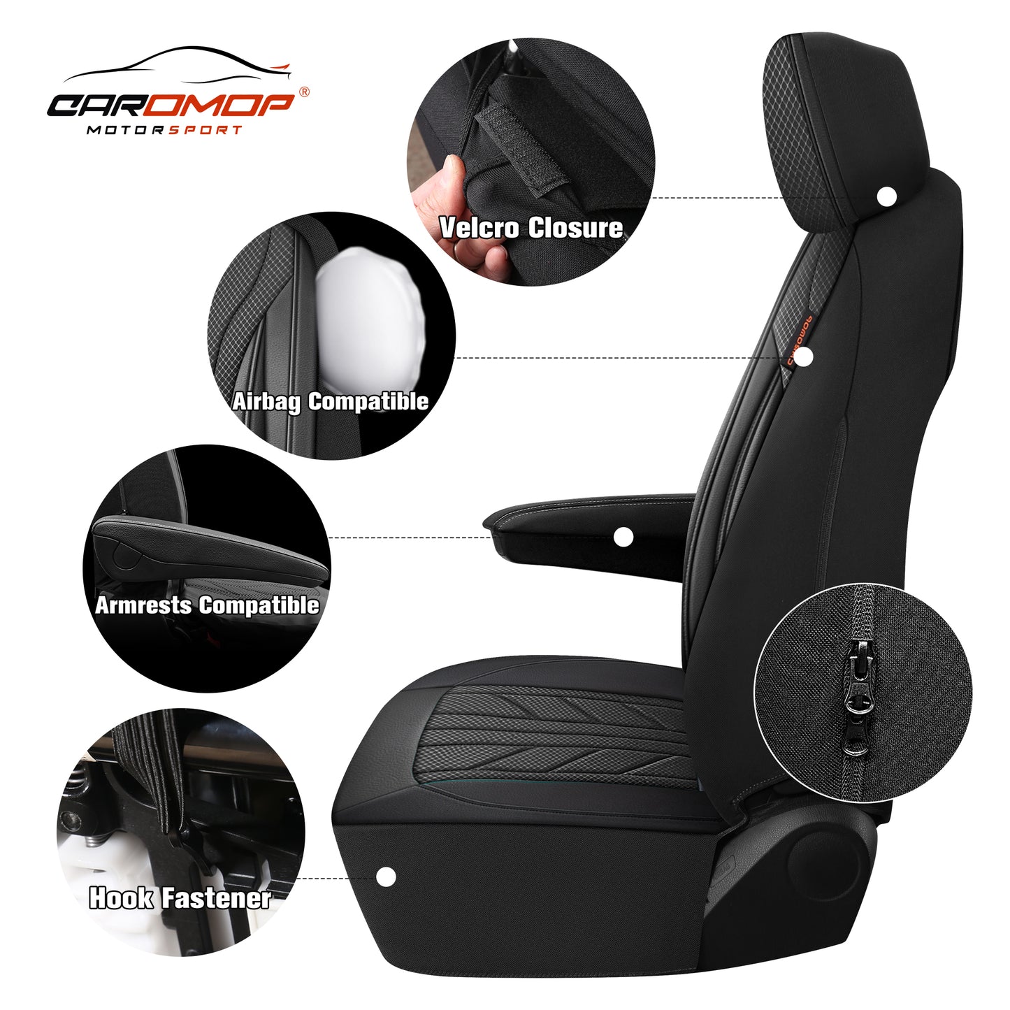 CAROMOP Luxury Faux Leather&Fabric Car Seat Covers 2 Front Seats with Breathable 3D Foam Back Support, Universal Seat Covers for Cars,Trucks,SUVs, Front Armrests Compatible