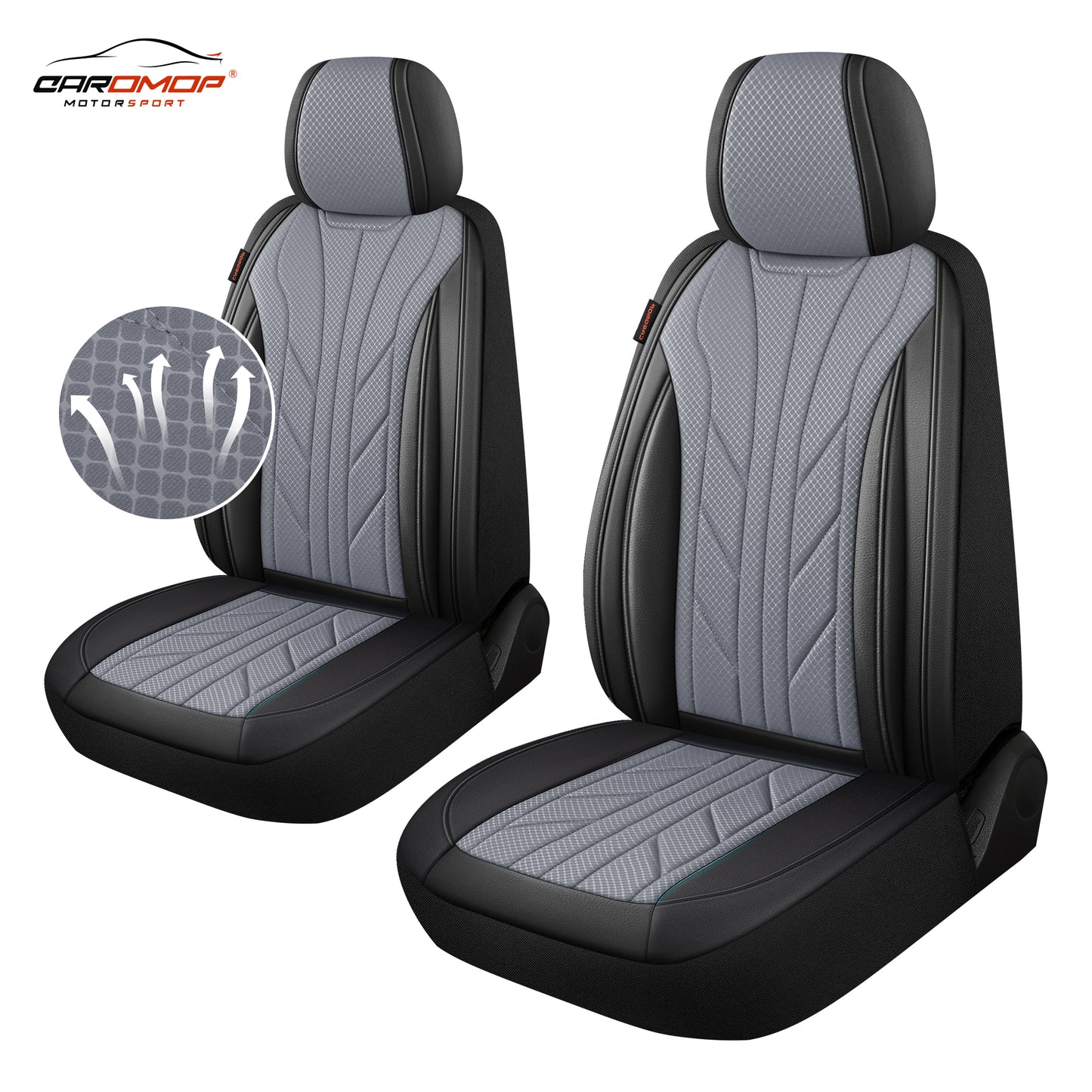 CAROMOP Luxury Faux Leather&Fabric Car Seat Covers 2 Front Seats with Breathable 3D Foam Back Support, Universal Seat Covers for Cars,Trucks,SUVs, Front Armrests Compatible