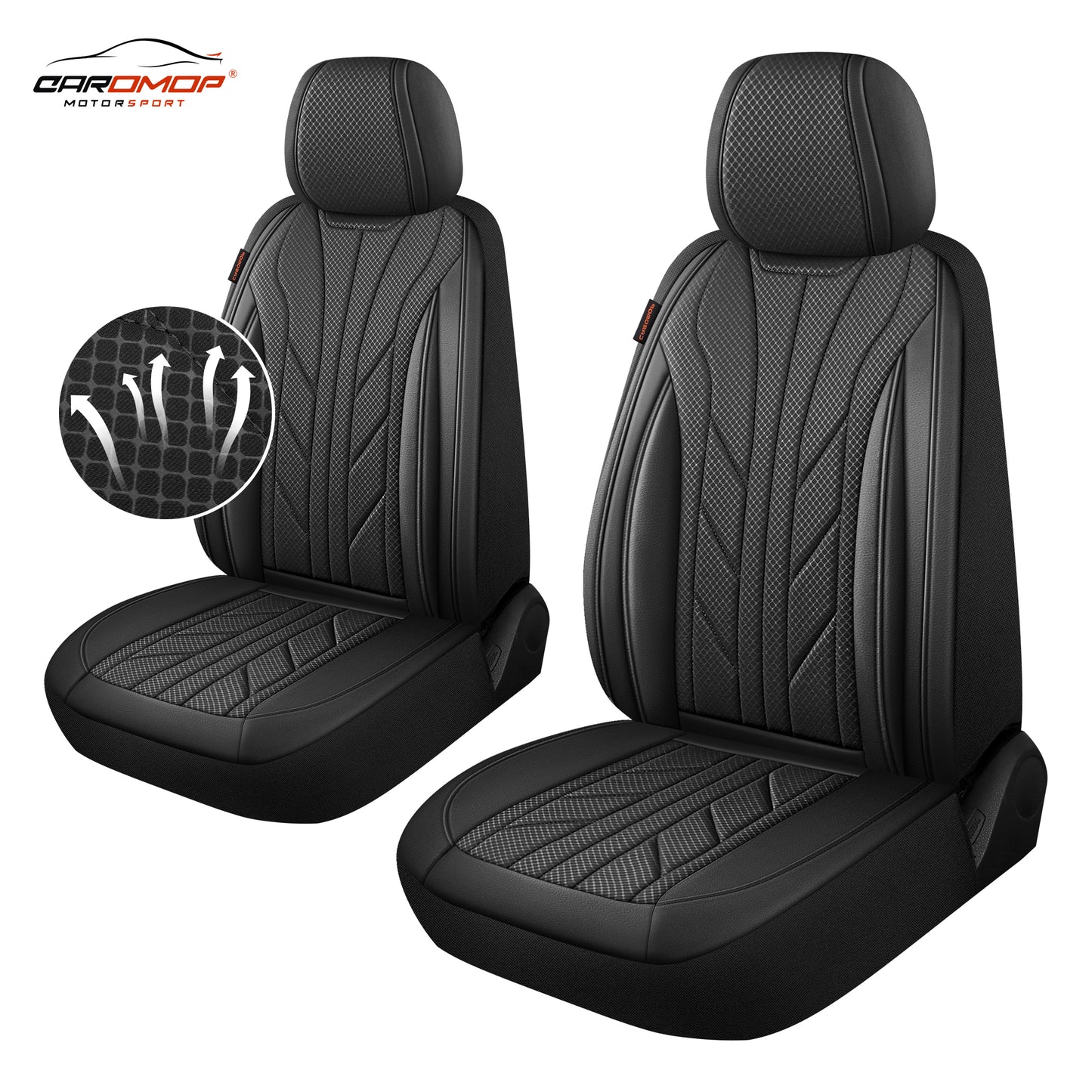 CAROMOP Luxury Faux Leather&Fabric Car Seat Covers 2 Front Seats with Breathable 3D Foam Back Support, Universal Seat Covers for Cars,Trucks,SUVs, Front Armrests Compatible