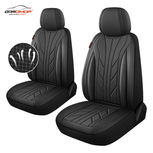 CAROMOP Luxury Faux Leather&Fabric Car Seat Covers 2 Front Seats with Breathable 3D Foam Back Support, Universal Seat Covers for Cars,Trucks,SUVs, Front Armrests Compatible