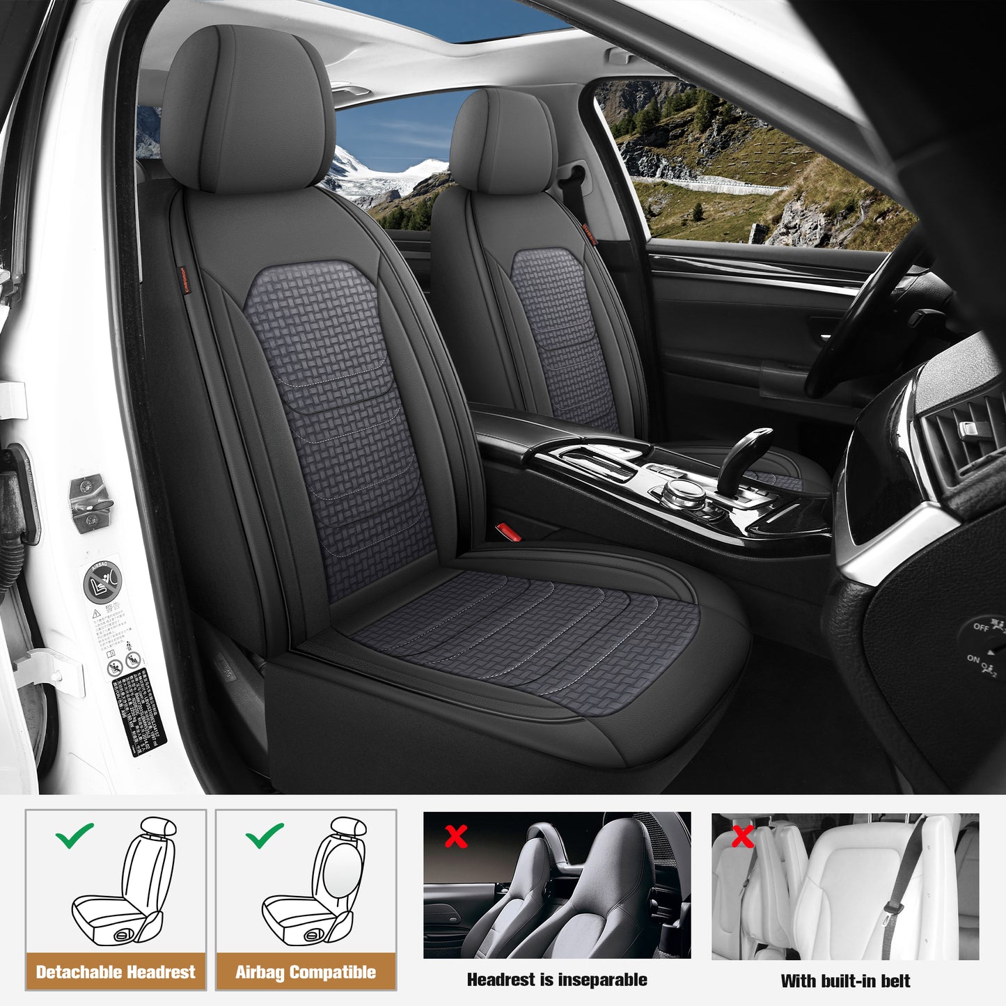 CAROMOP Premium PU Leather&Flannel Car Seat Covers 2 Front Set with Breathable Cloth,Universal Fit for Most Car Interior Covers-Sedan Truck SUV