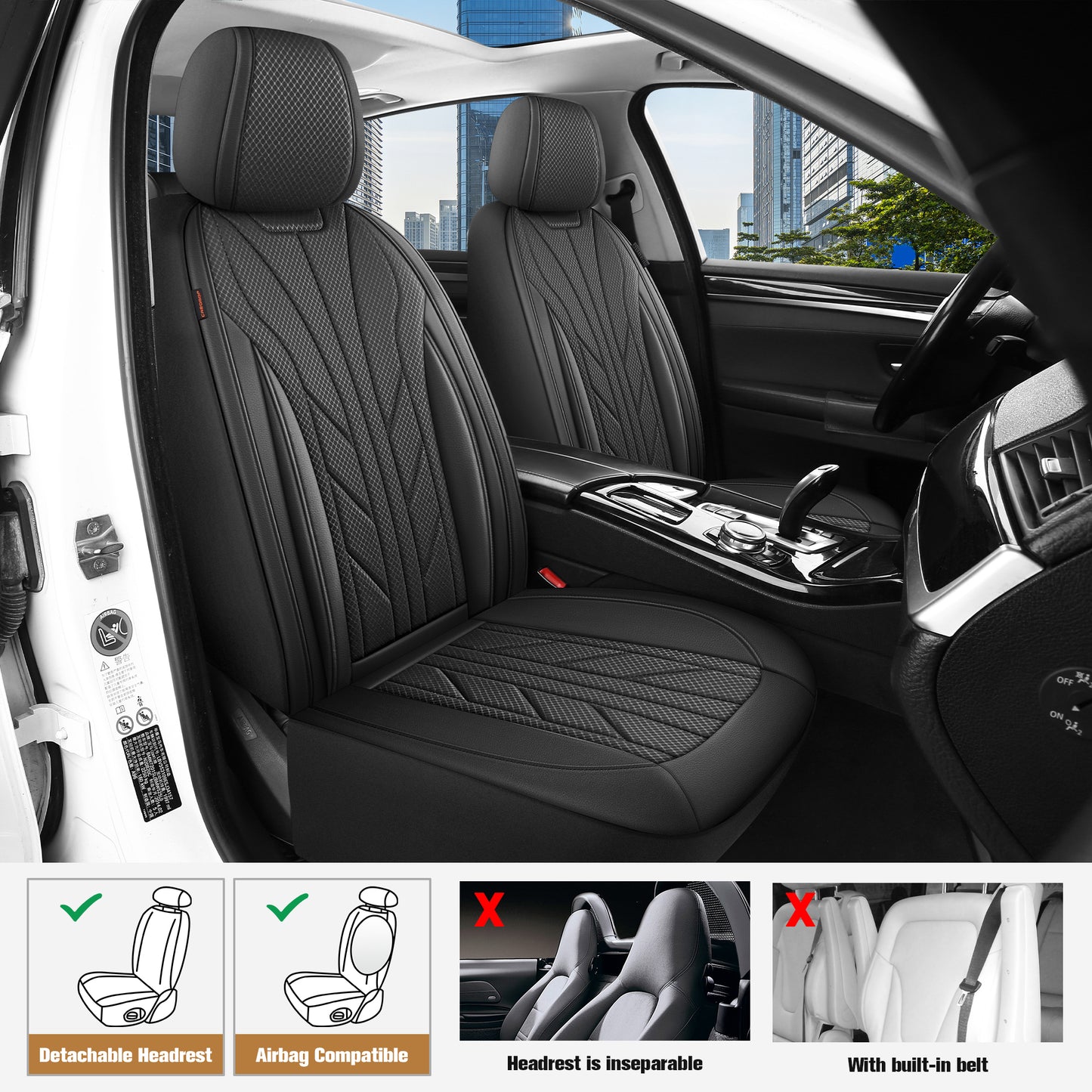 CAROMOP Luxury Faux Leather&Fabric Car Seat Covers 2 Front Seats with Breathable 3D Foam Back Support, Universal Seat Covers for Cars,Trucks,SUVs, Front Armrests Compatible