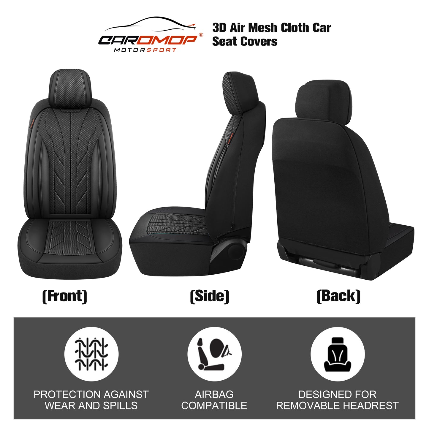 CAROMOP Luxury Faux Leather&Fabric Car Seat Covers 2 Front Seats with Breathable 3D Foam Back Support, Universal Seat Covers for Cars,Trucks,SUVs, Front Armrests Compatible