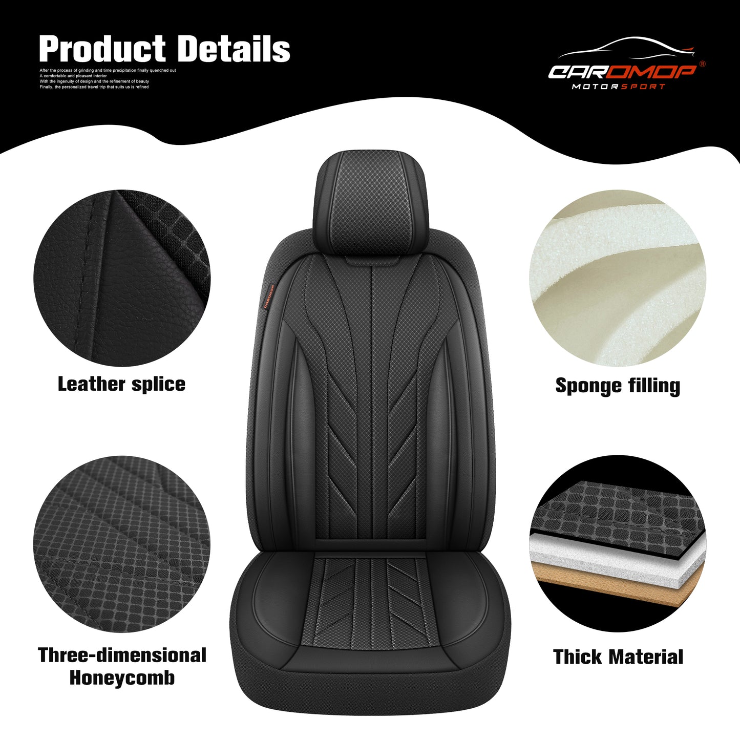 CAROMOP Luxury Faux Leather&Fabric Car Seat Covers 2 Front Seats with Breathable 3D Foam Back Support, Universal Seat Covers for Cars,Trucks,SUVs, Front Armrests Compatible