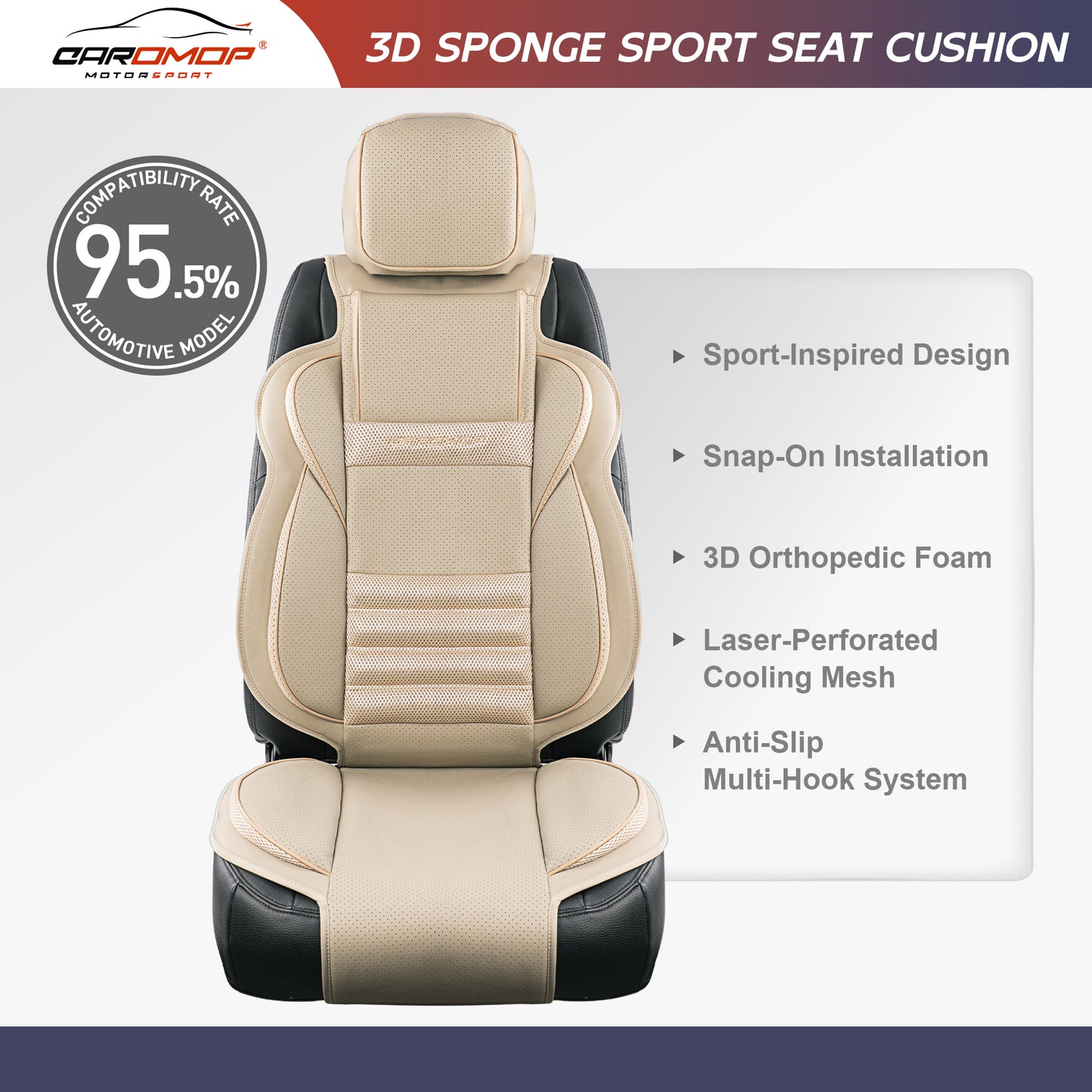 CAROMOP 3D Thick Car Seat Covers, Front Set, Breathable PU Leather with Mesh, Non-Slip, Universal Fit for Car, SUV, Van, Truck