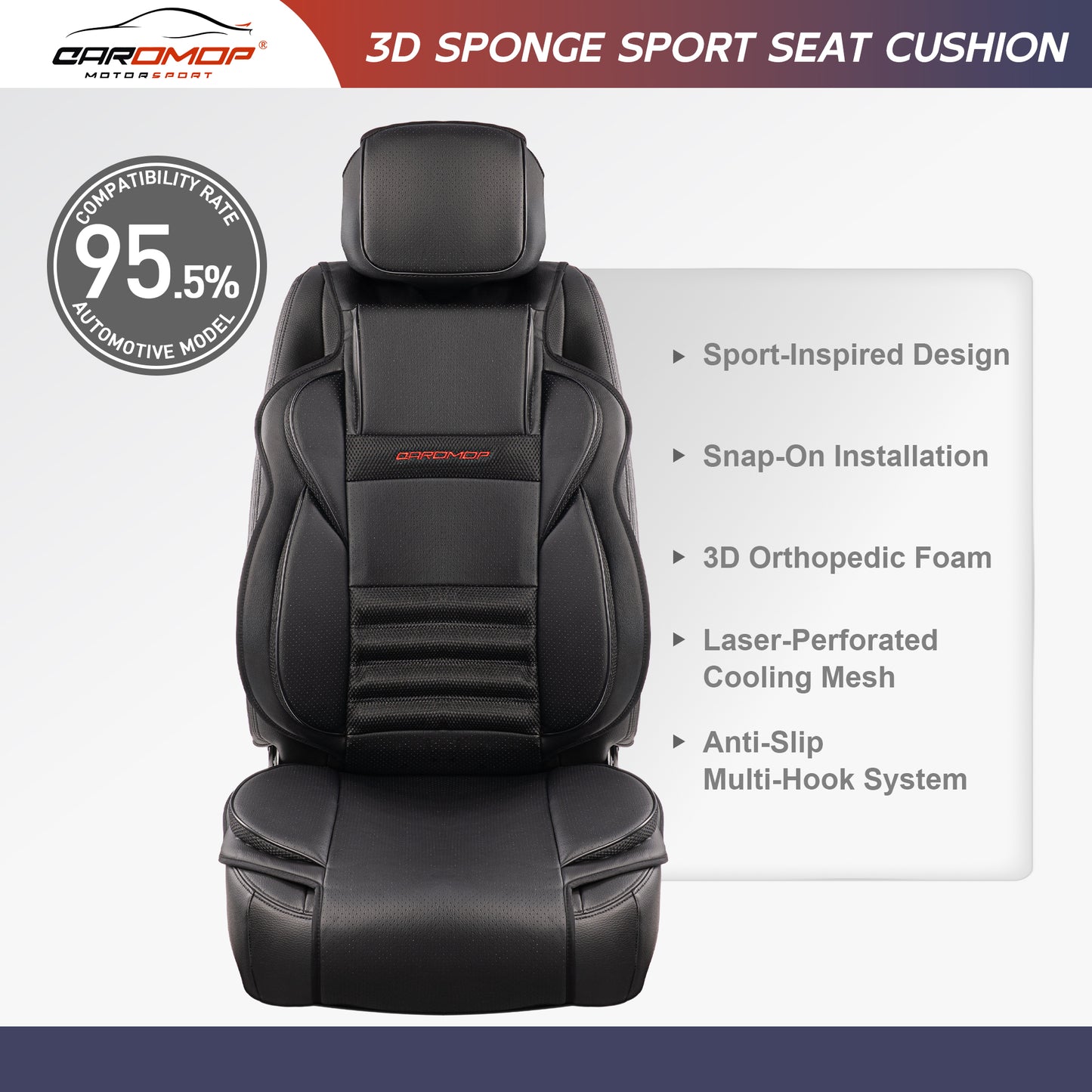 CAROMOP 3D Thick Car Seat Covers, Front Set, Breathable PU Leather with Mesh, Non-Slip, Universal Fit for Car, SUV, Van, Truck