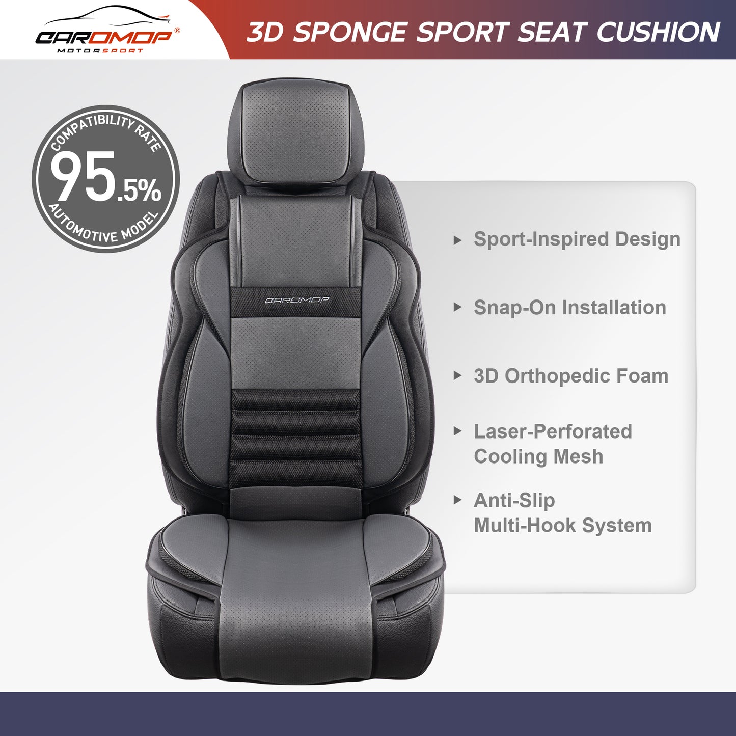 CAROMOP 3D Thick Car Seat Covers, Front Set, Breathable PU Leather with Mesh, Non-Slip, Universal Fit for Car, SUV, Van, Truck