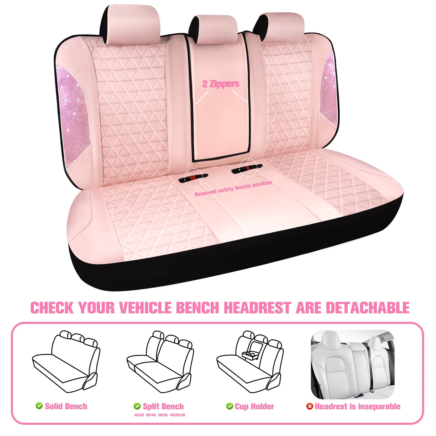 Caromop Leather Car Seat Covers Full Set, Bling Diamond Pink Waterproof Universal Fit with Airbag Compatible Armrest Design for SUV Truck Sedan, Cute Gift for Women Girls