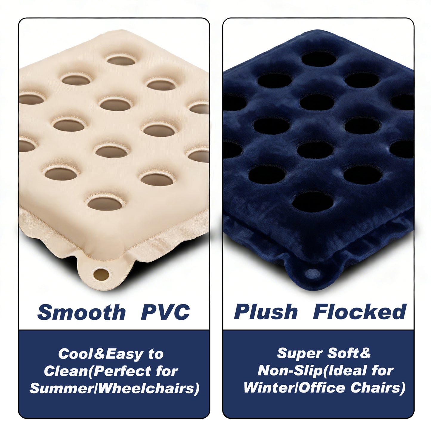 2 Pack Inflatable Seat Cushions,Pressure Relief 16 hole breathable Cushion,for Office Chairs,Car Seats,Wheelchair waterproof Cushions,with Air Pumps,Portable and Comfortable（Flocked Navy+PVC Beige)