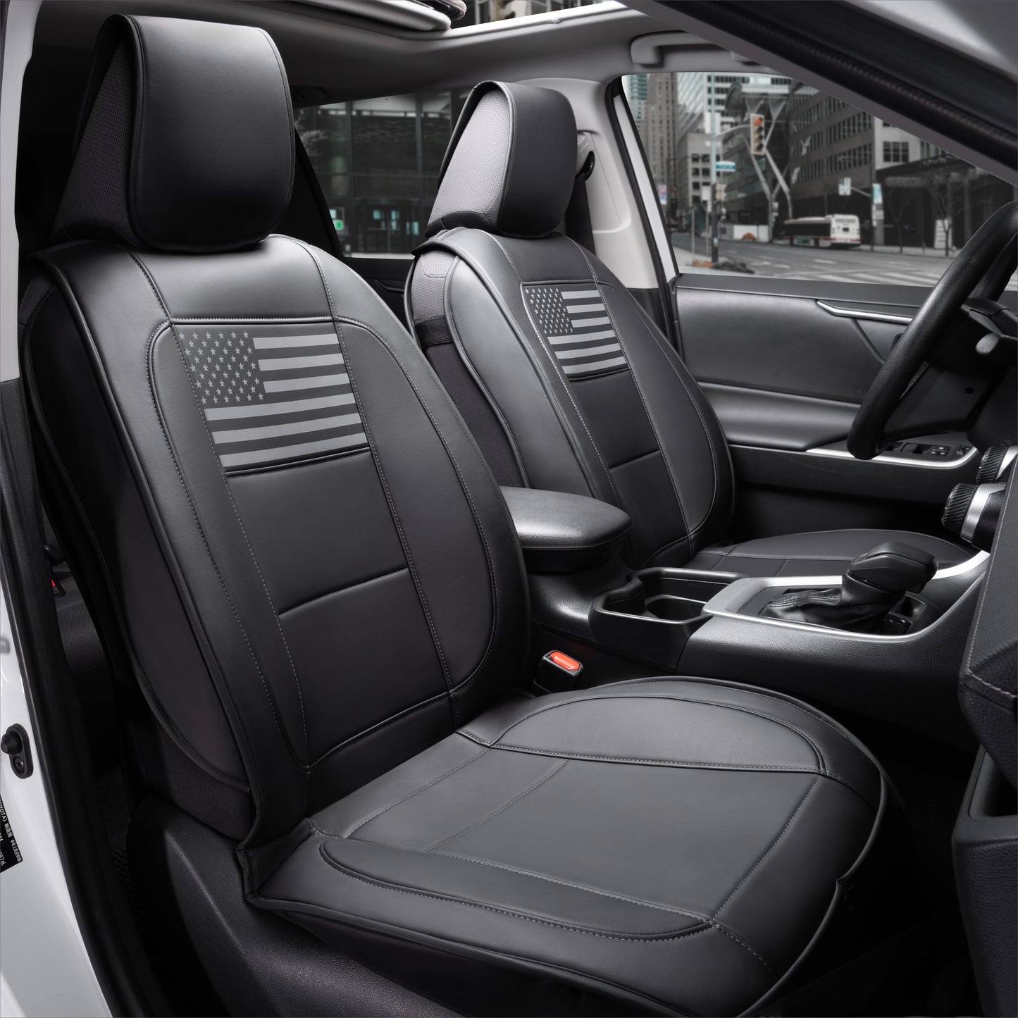 Caromop Car Seat Covers Front Set, Universal Fit, Premium Soft Water-proof Napa Leather, 5-Layer Padded Design seat cushion with Front Storage Pocket & Non-Slip Back