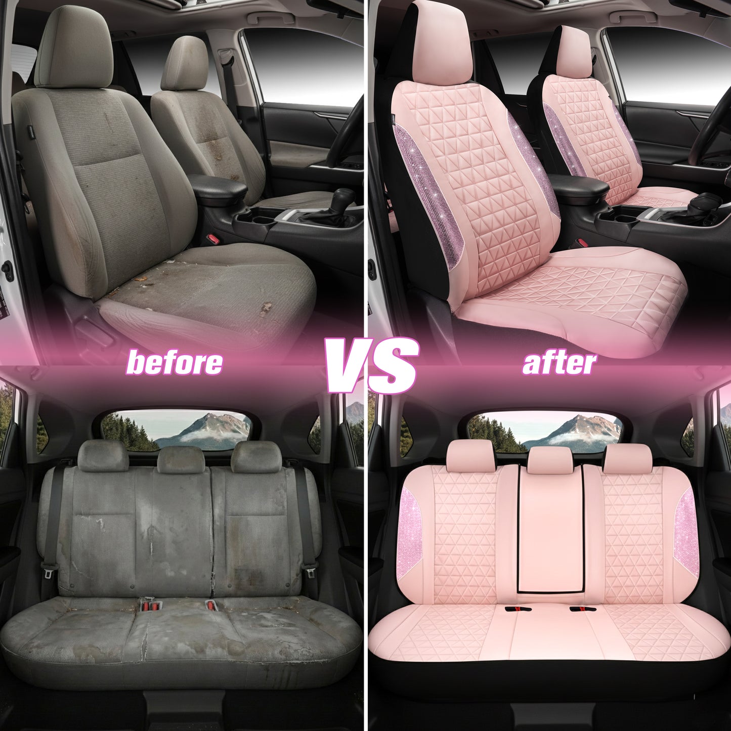 Caromop Leather Car Seat Covers Full Set, Bling Diamond Pink Waterproof Universal Fit with Airbag Compatible Armrest Design for SUV Truck Sedan, Cute Gift for Women Girls