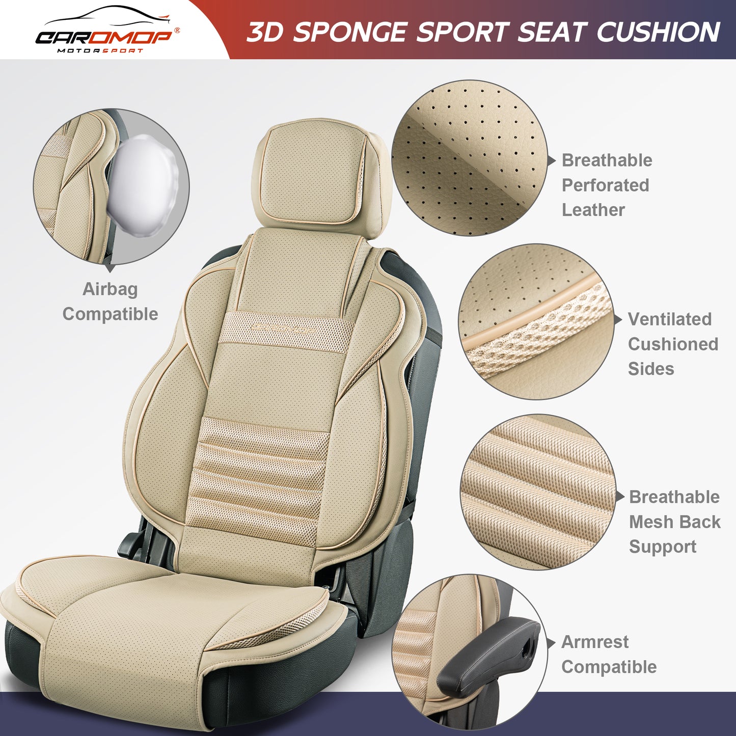 CAROMOP 3D Thick Car Seat Covers, Front Set, Breathable PU Leather with Mesh, Non-Slip, Universal Fit for Car, SUV, Van, Truck