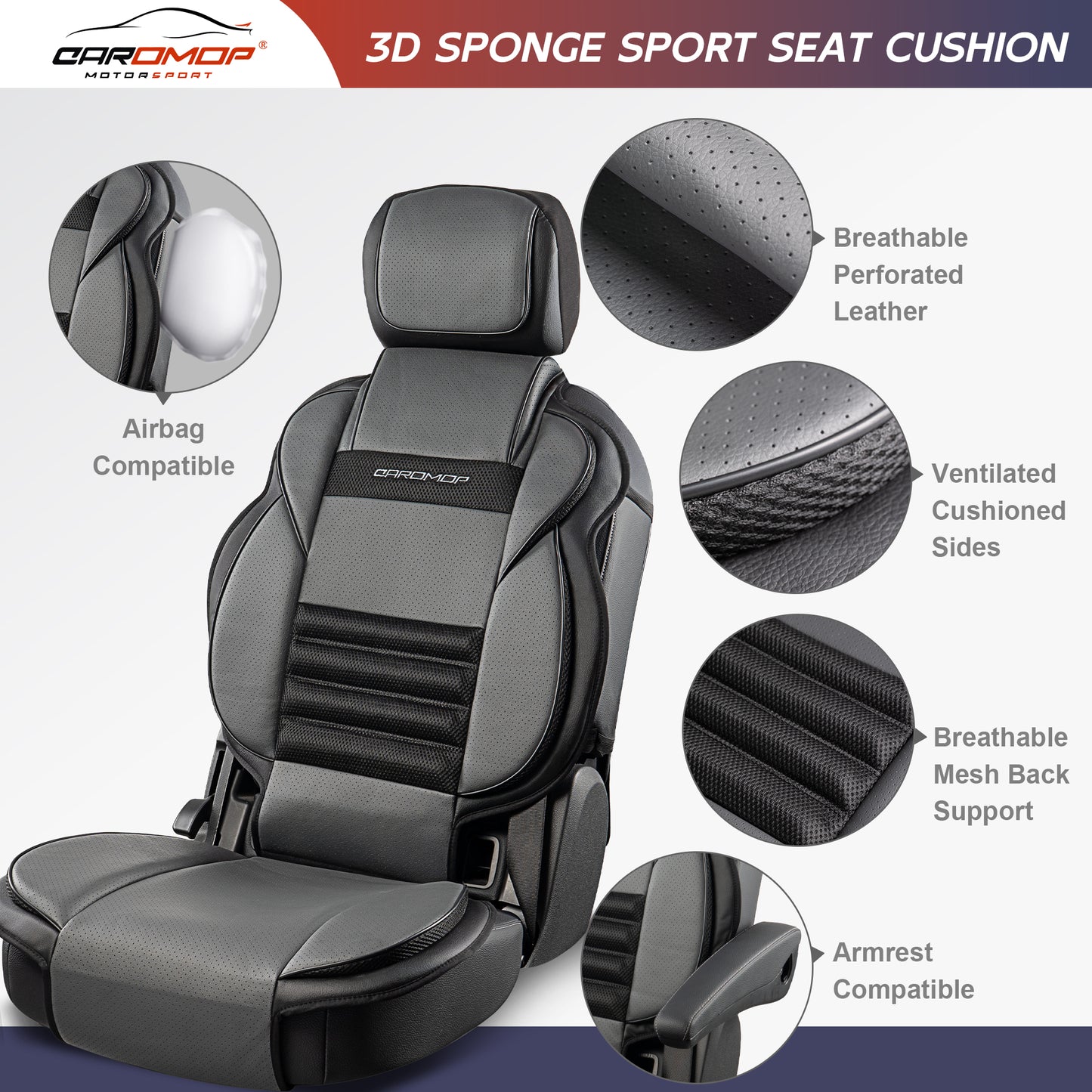 CAROMOP 3D Thick Car Seat Covers, Front Set, Breathable PU Leather with Mesh, Non-Slip, Universal Fit for Car, SUV, Van, Truck