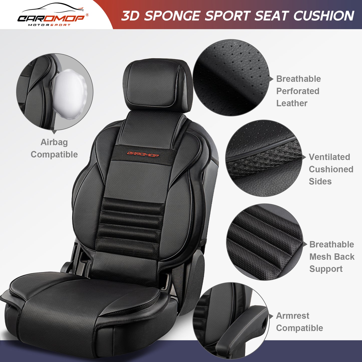 CAROMOP 3D Thick Car Seat Covers, Front Set, Breathable PU Leather with Mesh, Non-Slip, Universal Fit for Car, SUV, Van, Truck