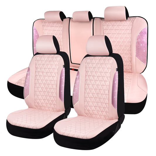 Caromop Leather Car Seat Covers Full Set, Bling Diamond Pink Waterproof Universal Fit with Airbag Compatible Armrest Design for SUV Truck Sedan, Cute Gift for Women Girls