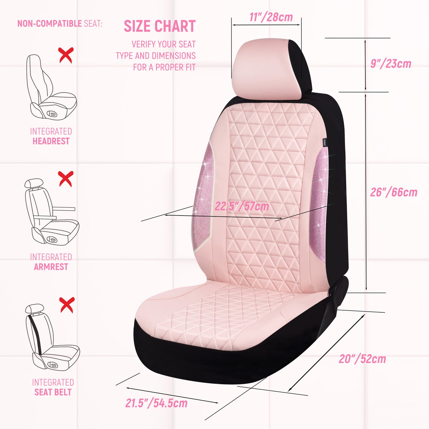 Caromop Leather Car Seat Covers Full Set, Bling Diamond Pink Waterproof Universal Fit with Airbag Compatible Armrest Design for SUV Truck Sedan, Cute Gift for Women Girls
