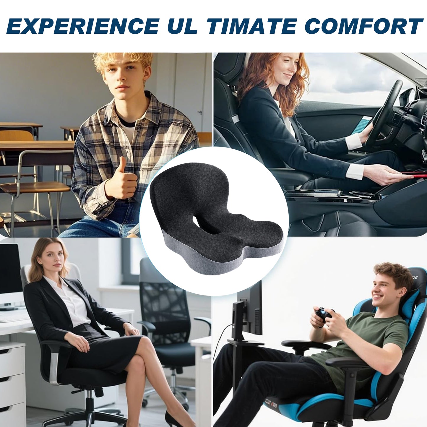Seat Cushion with Back Support Memory Foam Pads for Truck Driver Office Chair Cushion Home Chair Cushion Car Non Slip Pad for Office Workers Car Drivers (Dark Grey)