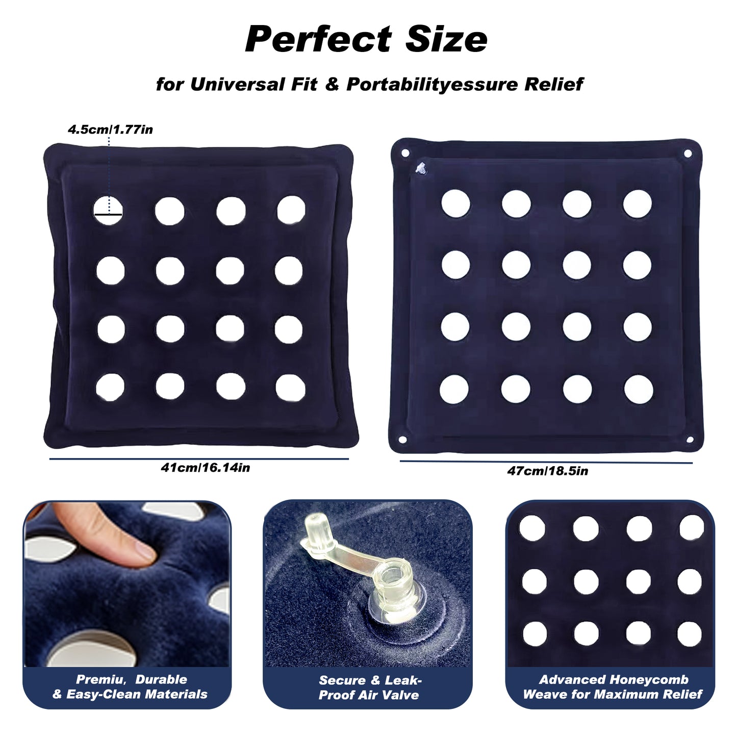 Inflatable Seat Cushions,Pressure Relief plush flocked breathable Cushion,Ideal for Office Chairs,Car Seats,Wheelchair waterproof Cushions,Comes with Air Pumps, Portable and Comfortable（Navy)