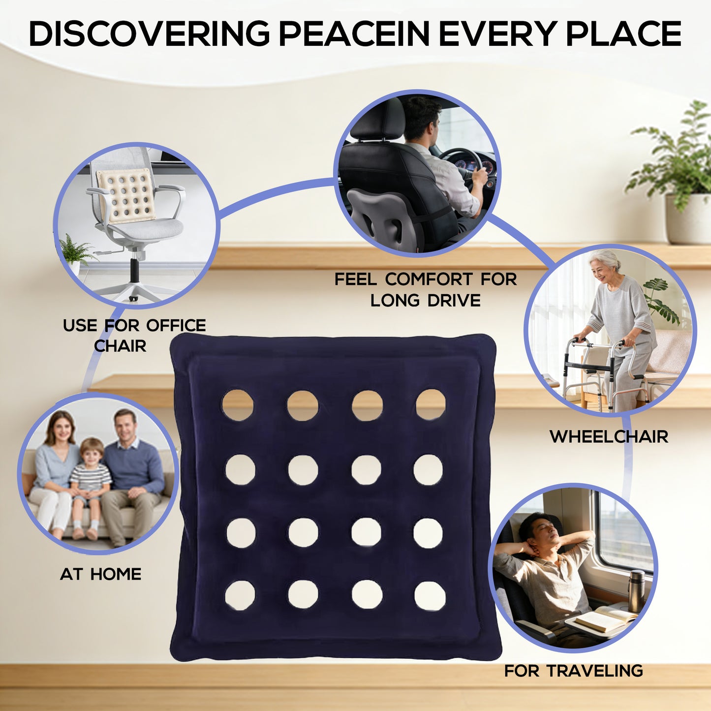 2 Pack Inflatable Seat Cushions,Pressure Relief 16 hole breathable Cushion,for Office Chairs,Car Seats,Wheelchair waterproof Cushions,with Air Pumps,Portable and Comfortable（Flocked Navy+PVC Beige)
