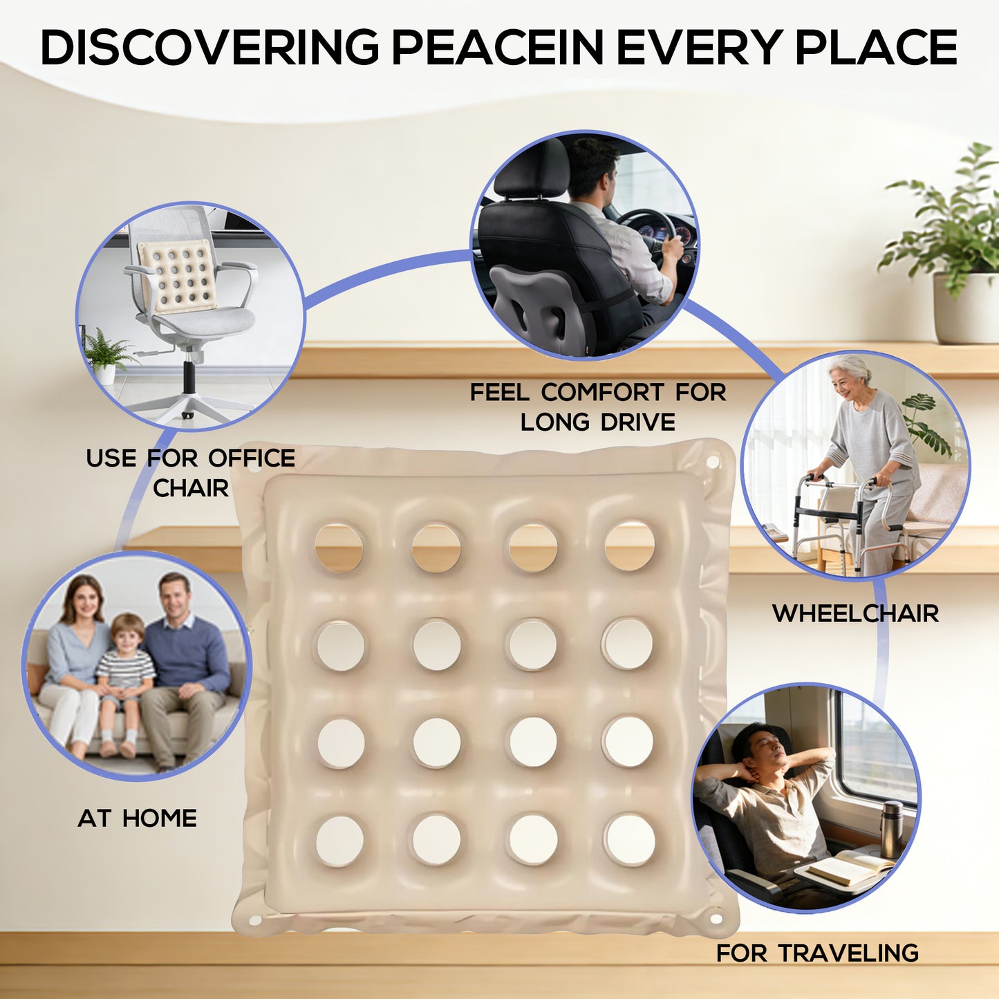 2 Pack Inflatable Seat Cushions,Pressure Relief 16 hole breathable Cushion,for Office Chairs,Car Seats,Wheelchair waterproof Cushions,with Air Pumps,Portable and Comfortable（Flocked Navy+PVC Beige)