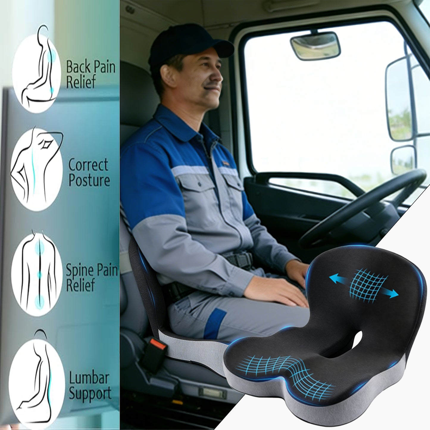 Seat Cushion with Back Support Memory Foam Pads for Truck Driver Office Chair Cushion Home Chair Cushion Car Non Slip Pad for Office Workers Car Drivers (Dark Grey)