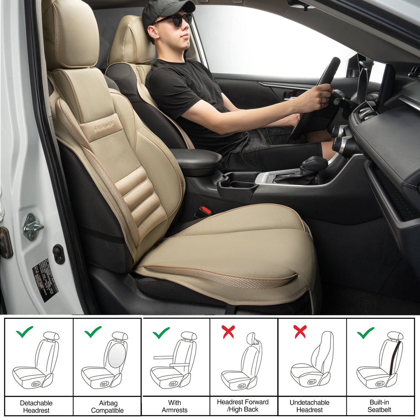 CAROMOP 3D Thick Car Seat Covers, Front Set, Breathable PU Leather with Mesh, Non-Slip, Universal Fit for Car, SUV, Van, Truck