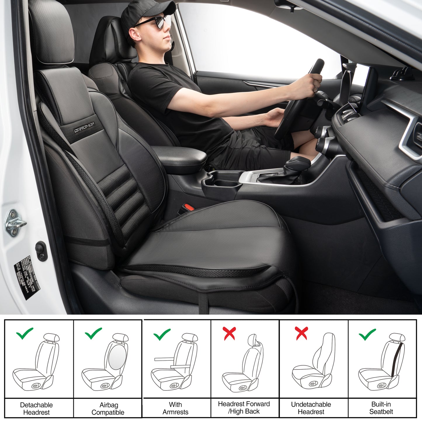 CAROMOP 3D Thick Car Seat Covers, Front Set, Breathable PU Leather with Mesh, Non-Slip, Universal Fit for Car, SUV, Van, Truck